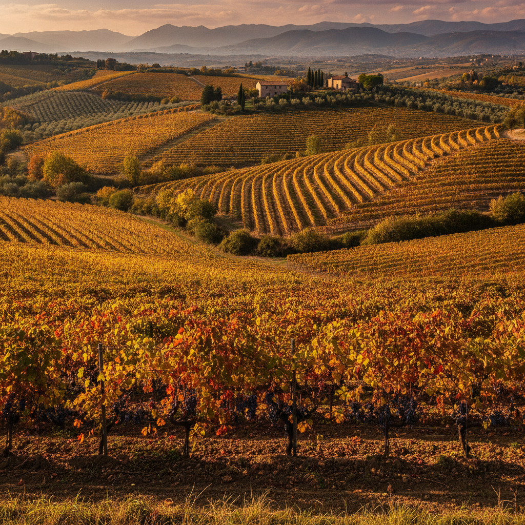 Sun-drenched Ribona vineyards cascading down rolling hills in Serrapetrona