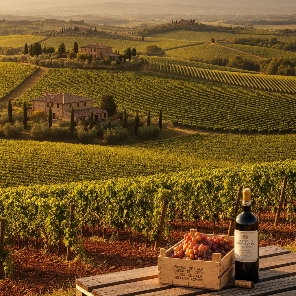 Panoramic view of sun-drenched rolling vineyards in the Siena province