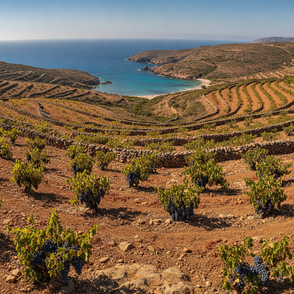 Panoramic view of an established vineyard on rugged