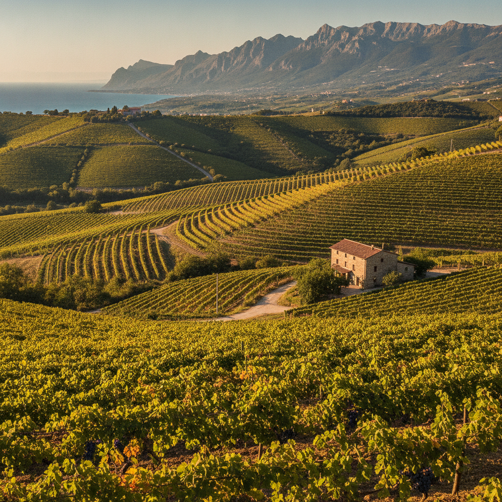 Sun-drenched vineyards on terraced hillsides in Teramo
