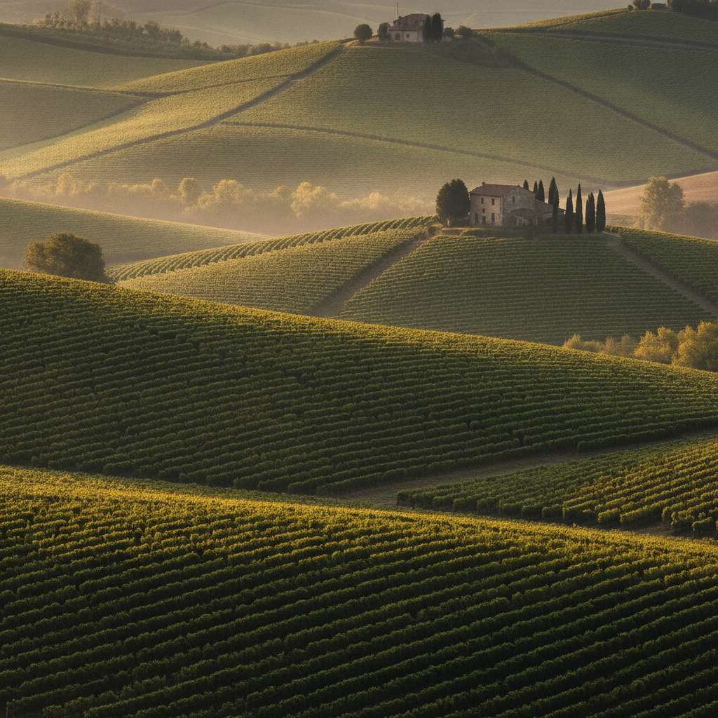 A panoramic view of rolling vineyards in the Piedmontese countryside at dawn. Soft