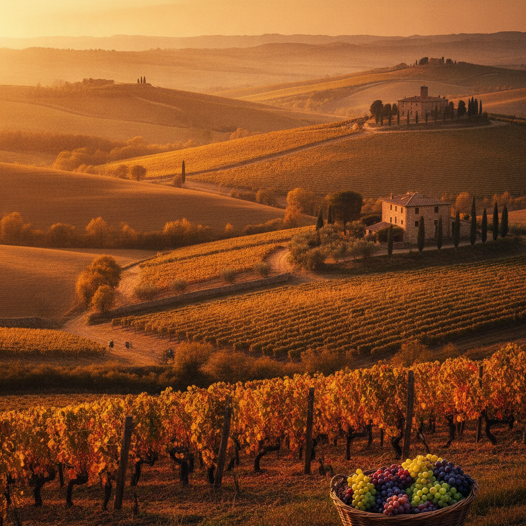 Golden hour light bathes ancient Tuscan vineyards sprawling across gentle rolling hills. Emphasize the breathtaking