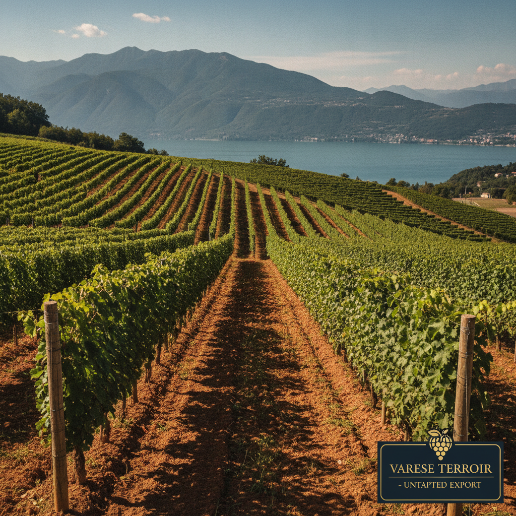 Reihen von Weinreben an einem Hang in Varese