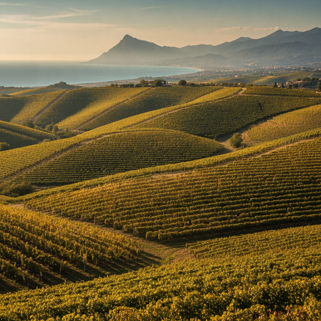 Sun-drenched vineyards covering gentle hills near Vasto