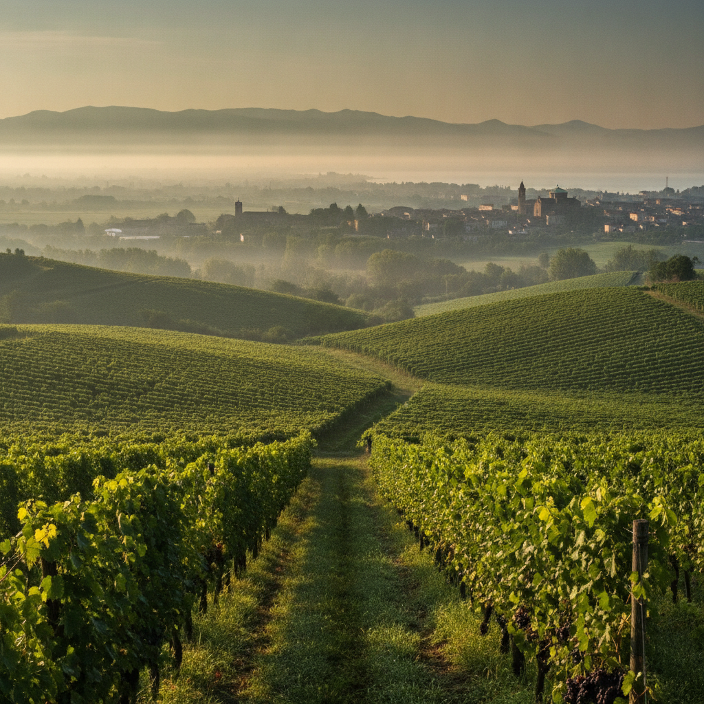A panoramic view of flourishing vineyards in the Venetian countryside
