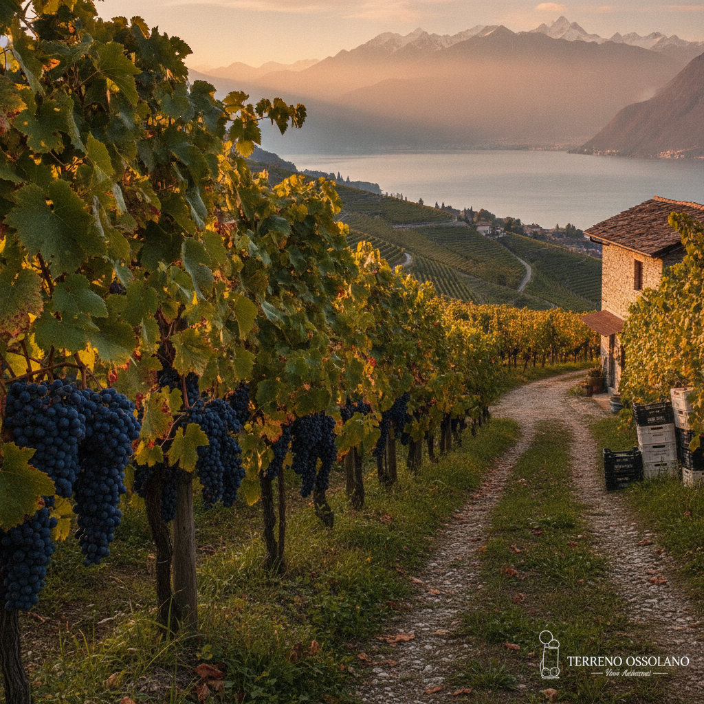 Sunlight illuminates vibrant indigenous grapevines in Verbano-Cusio-Ossola. Distant