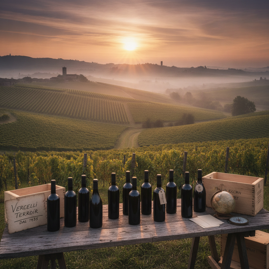 Panoramic view of Vercelli's authentic vineyards at dawn. Generic