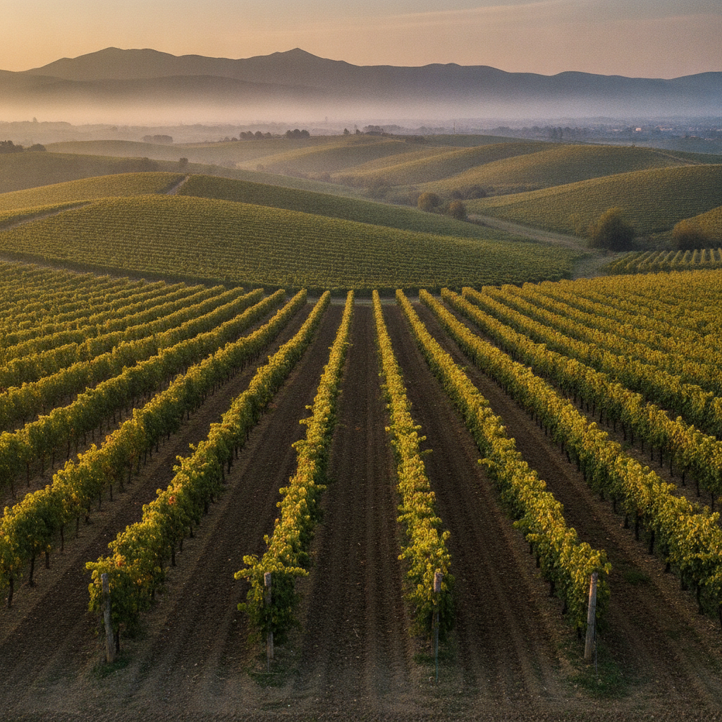 Panoramic view of Vicenza province vineyards. Rows of grapevines stretch across diverse terrain