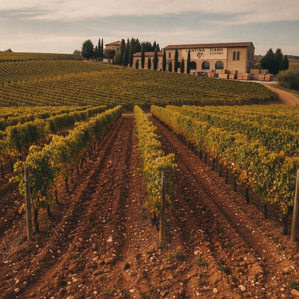 Rolling vineyards in Ziano Piacentino under a temperate sky