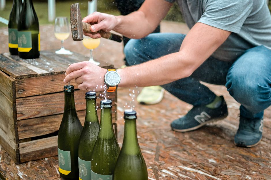 champagne bottles riddling rack