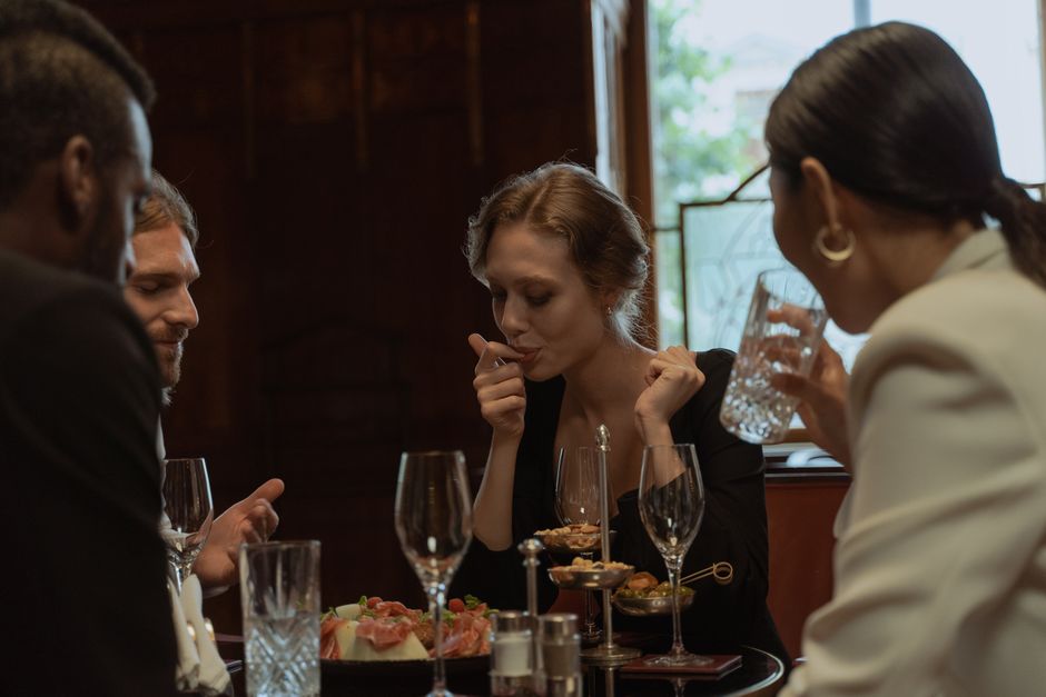 Wine and food pairing at a trade table