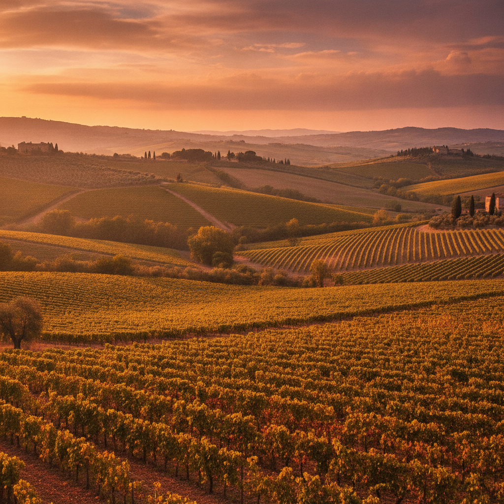 Vineyard panorama in Southern Italy at sunset