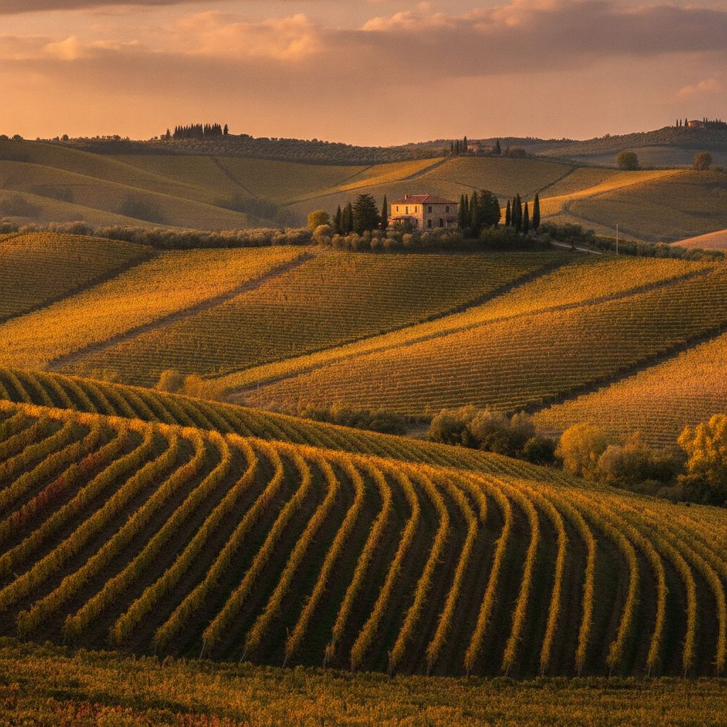 Panoramablick auf sonnenverwöhnte, sanfte Weinberge in den Langhe-Hügeln des Piemont