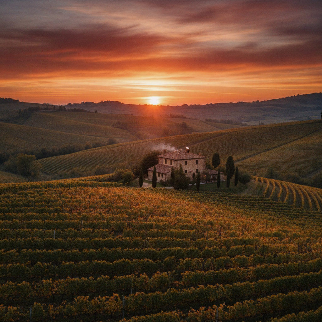 Sunset over rolling vine-covered hills in Northern Italy