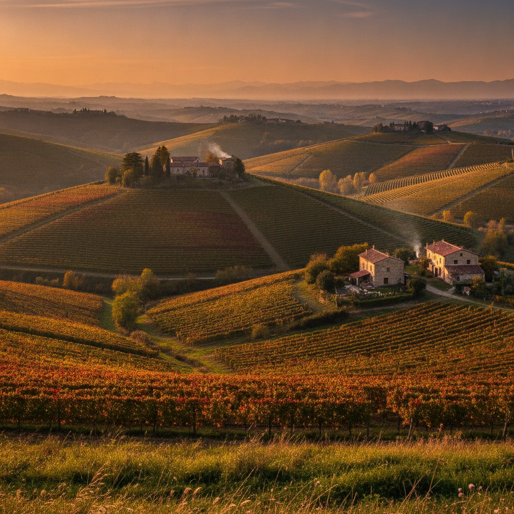 Rolling vineyards of the Langhe and Roero hills in Piedmont at sunset