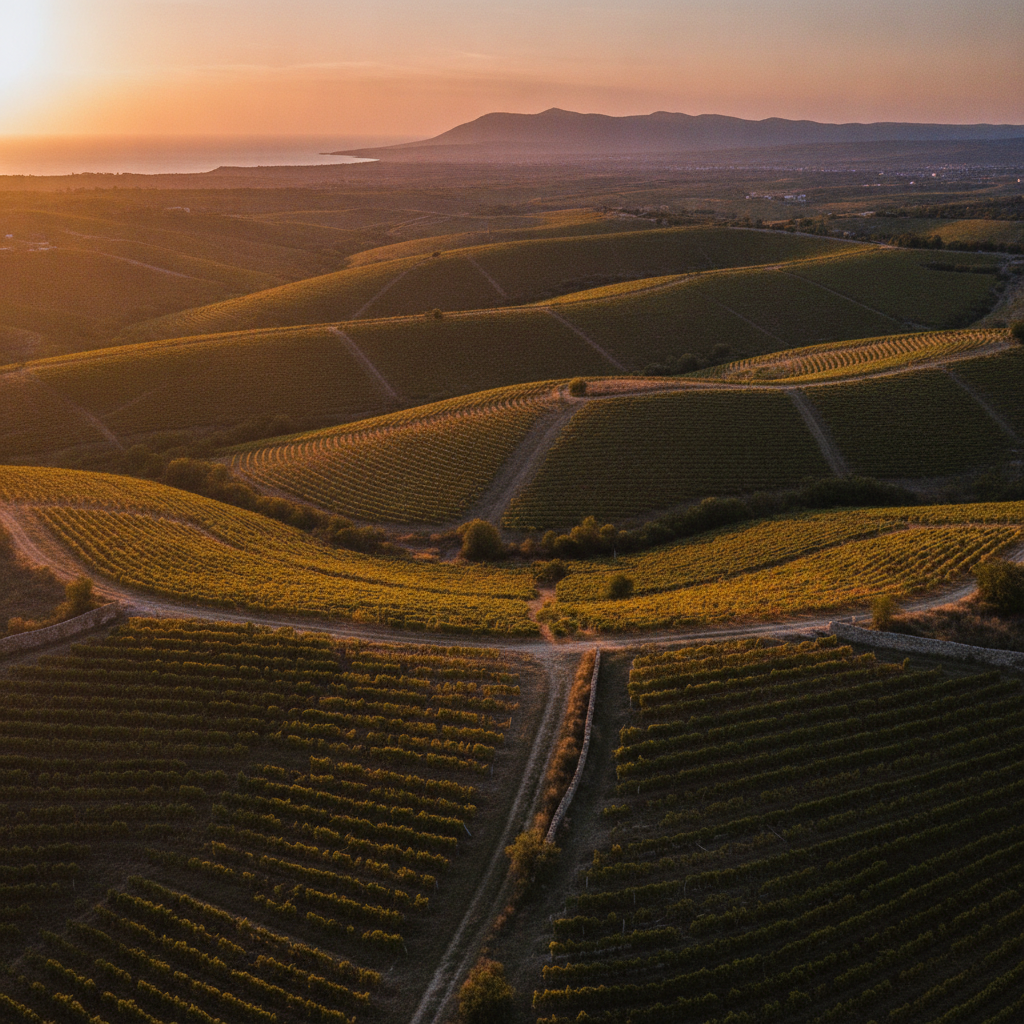 A wide shot of vineyards in the Sudak region of Crimea