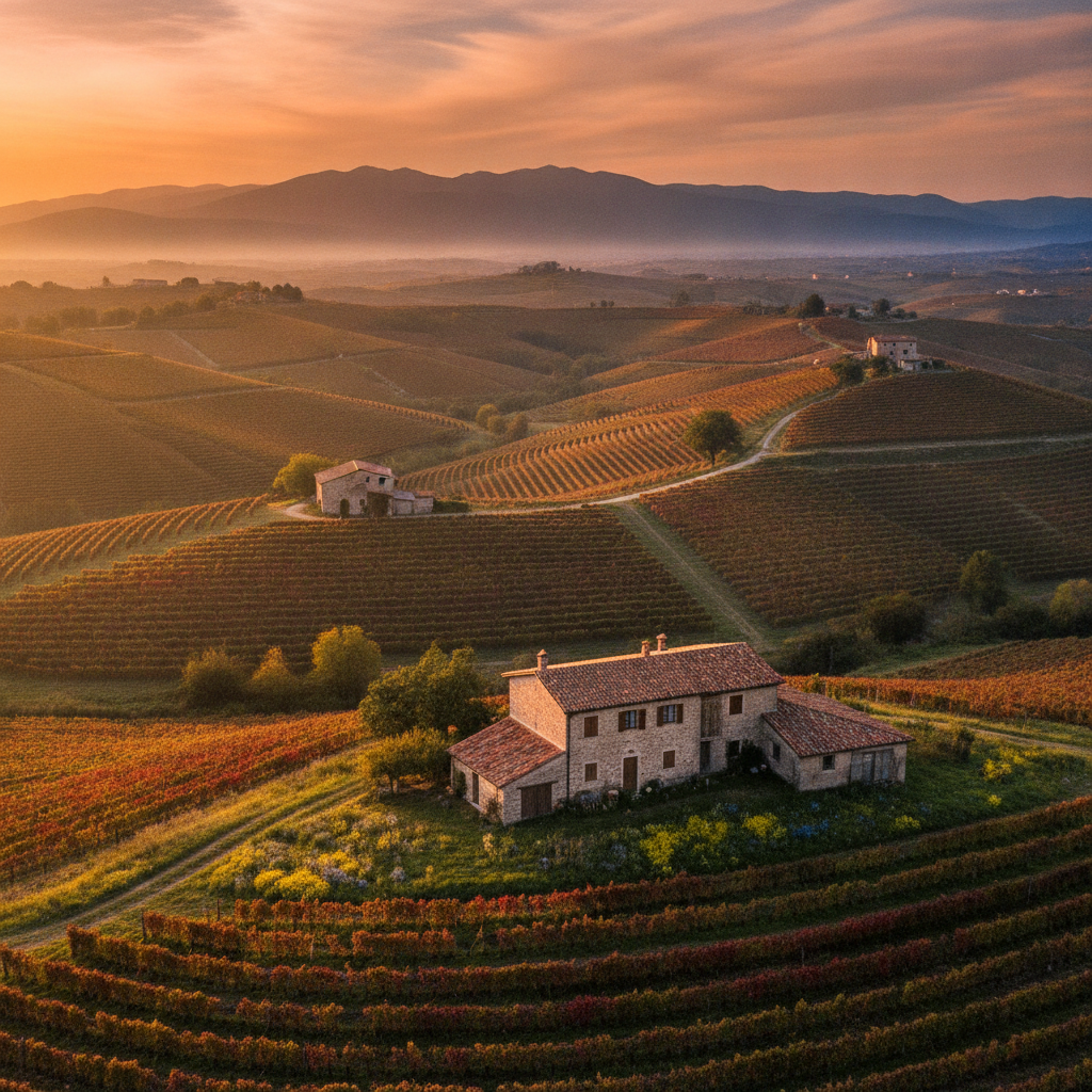 Golden hour over rolling vineyards in Italy's Karst region. Terraced grapevines