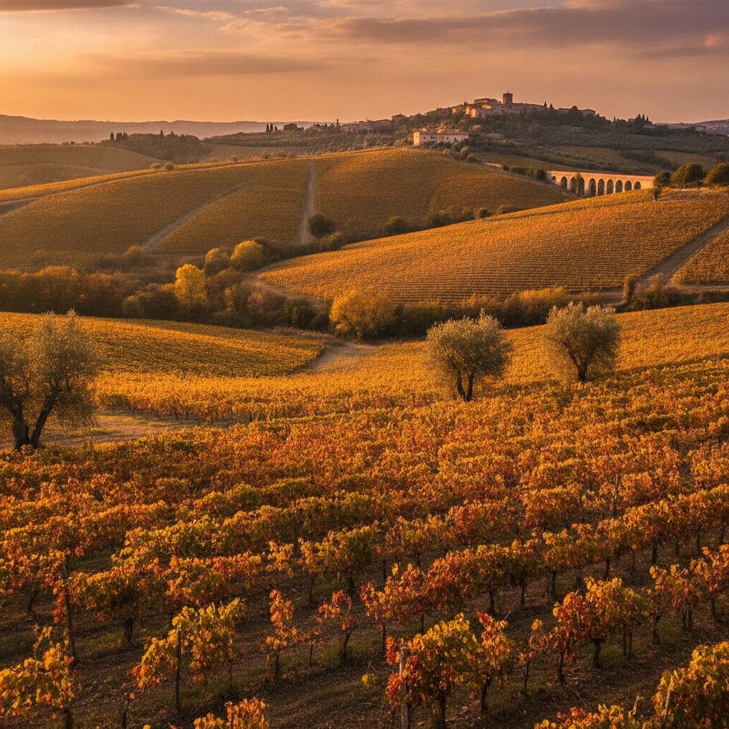 Golden hour illuminates a vast vineyard panorama in the rolling hills of Casertano