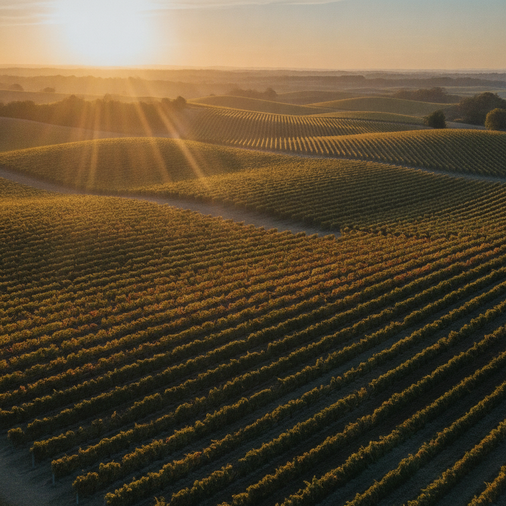 Golden hour light bathes rolling hills covered in neatly arranged vineyard rows stretching to the horizon. Editorial