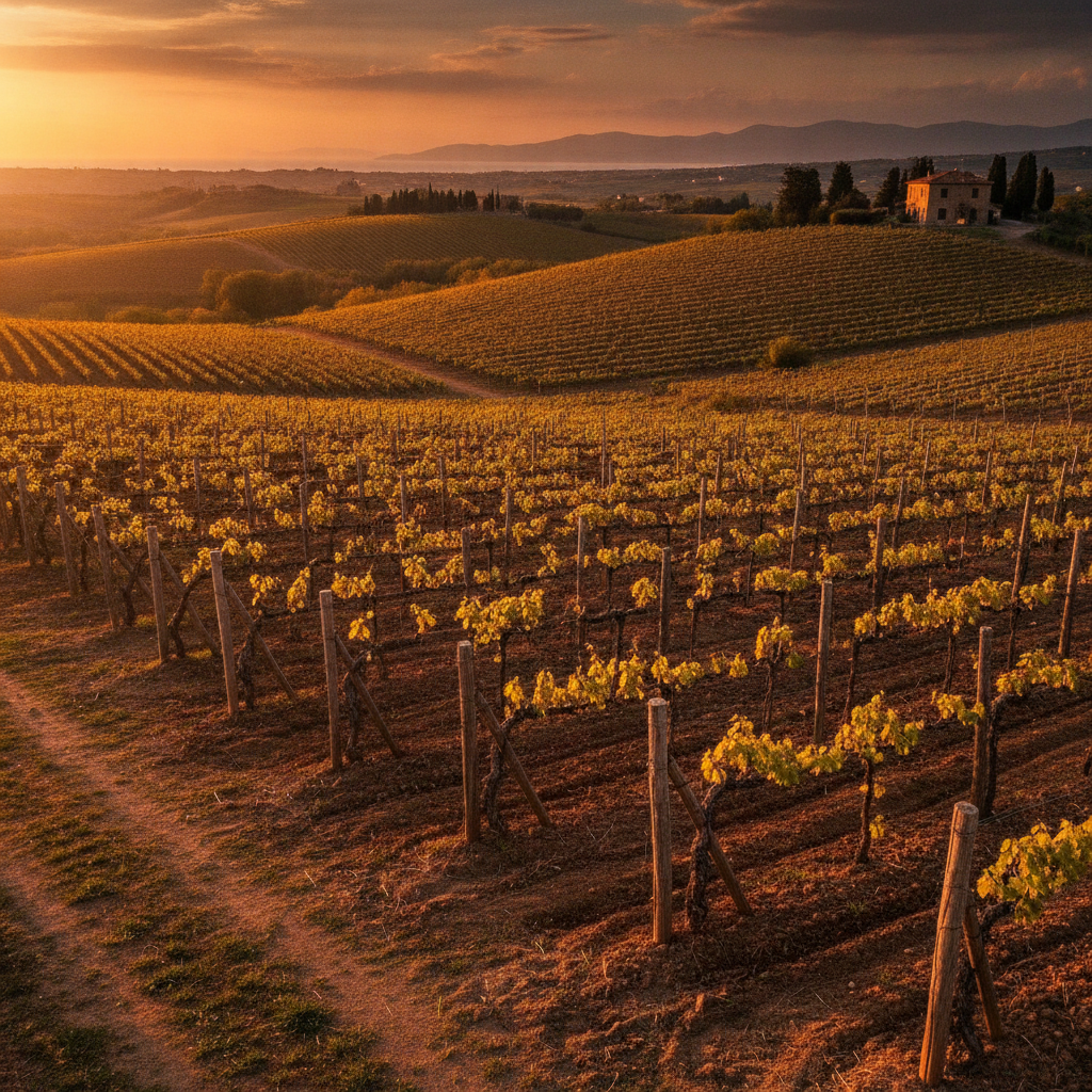 Panorama eines Weinbergs in Kampanien bei Sonnenuntergang. Alte Rebreihen mit traditionellen hölzernen Stützen ('Falanga') auf sanften Hügeln