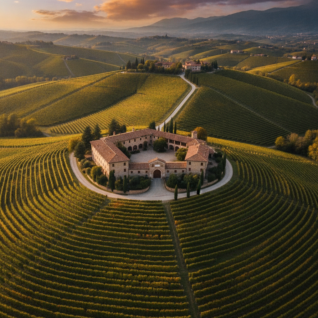 Aerial view of a traditional winery and sprawling vineyards in Friuli Venezia Giulia