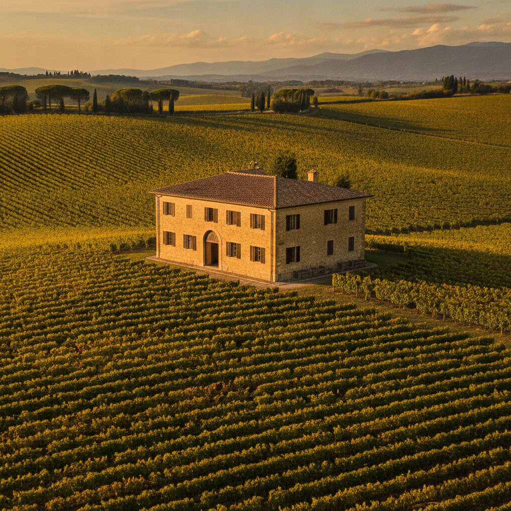 Traditional Italian winery building nestled among expansive