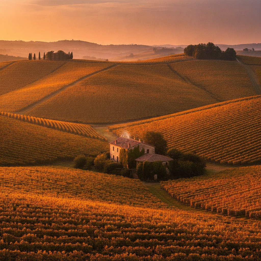 Golden hour panoramic view of rolling vineyards in the Asti-Alessandria region of Piedmont
