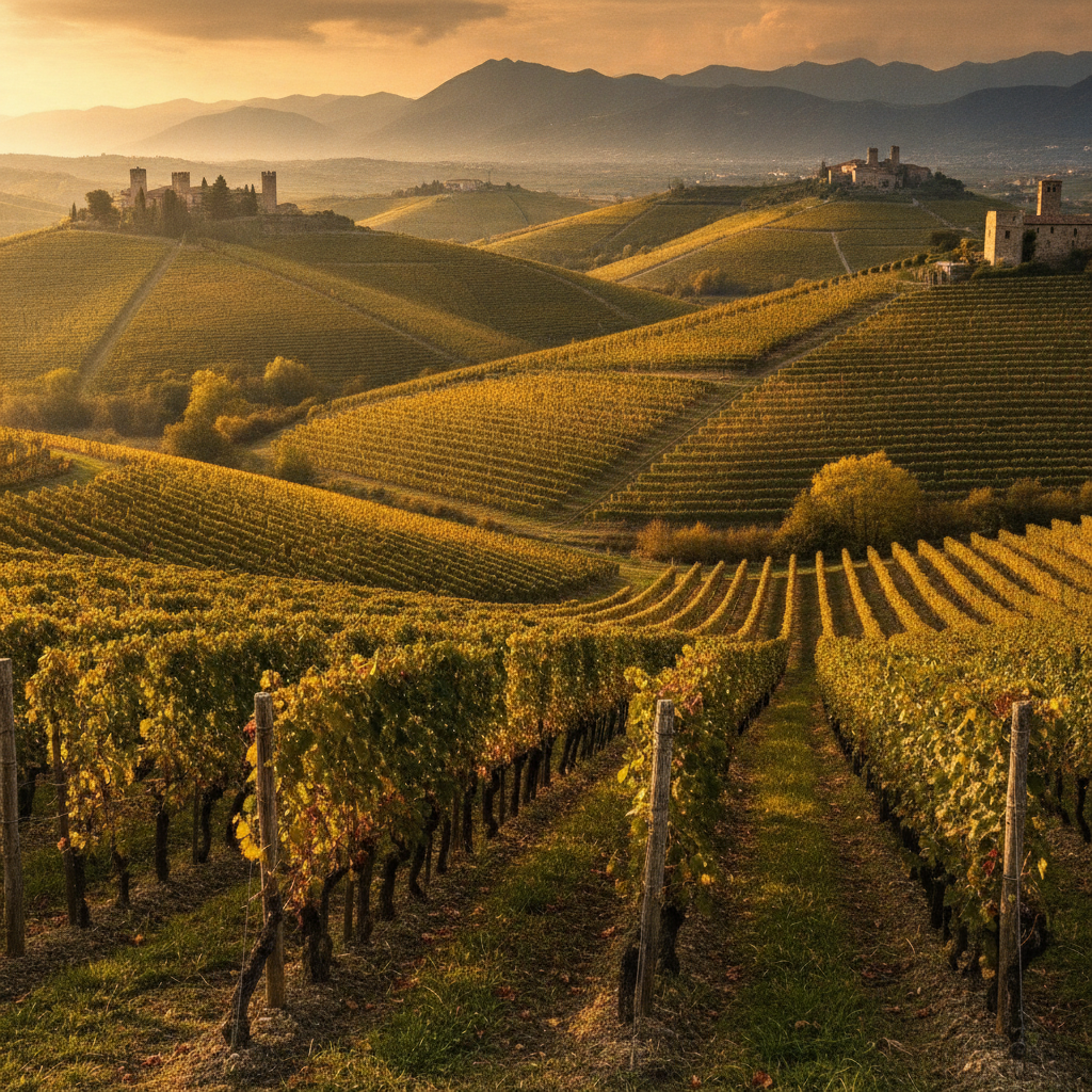 Traditional vine rows stretching across sun-drenched rolling hills in Friuli-Venezia Giulia. Evoke ancient heritage and viticulture. No people