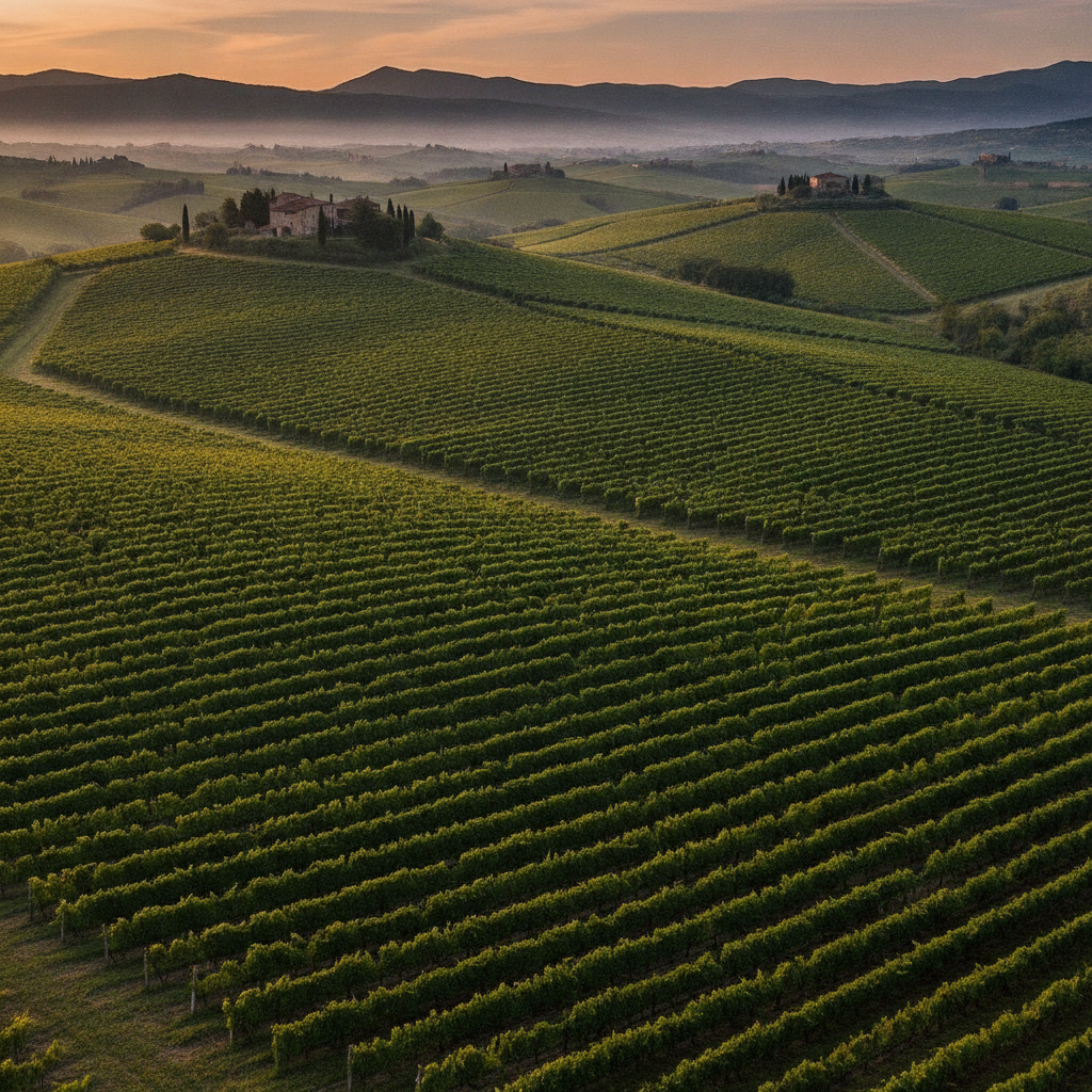 Wide shot of rolling Italian vineyard hills at sunrise