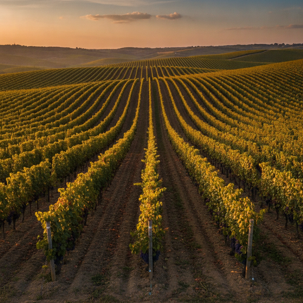 Realistic editorial photo: Wide shot of vineyard rows stretching over gentle hills