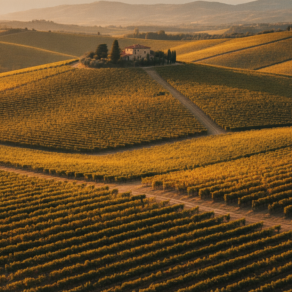 Golden hour light illuminates sprawling Italian vineyards on rolling hills