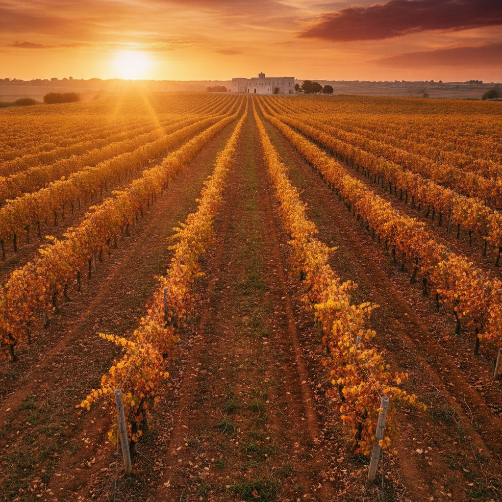 Sonnenuntergang in der goldenen Stunde über einer weiten Negramaro-Weinbergslandschaft im Salento