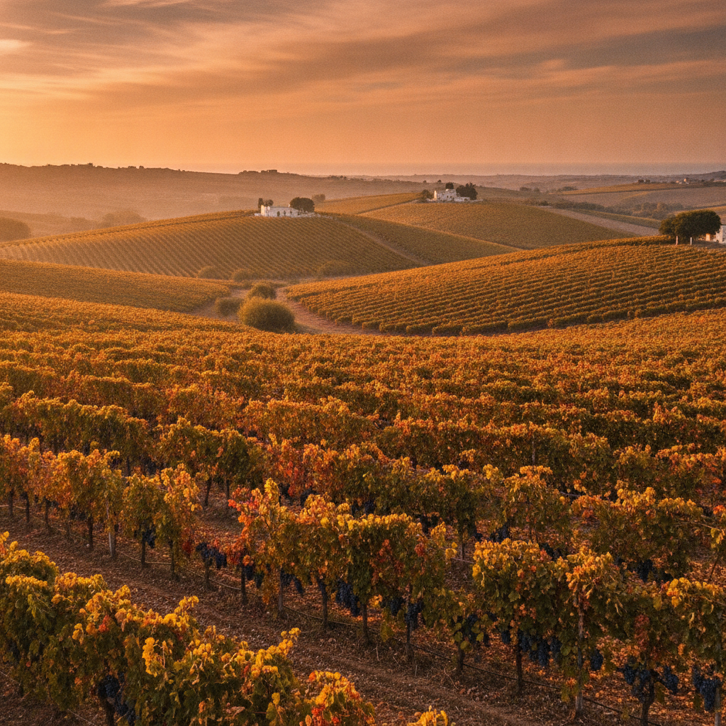 Panoramic view of sun-drenched Negroamaro vineyards stretching across rolling hills in Salento