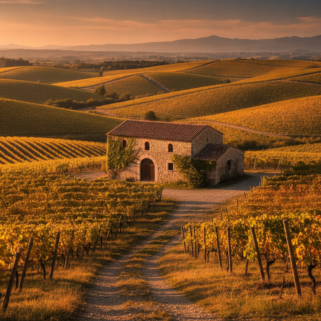 Editorial photo: A traditional stone winery building nestled among sun-drenched vineyard rows on rolling hills at golden hour