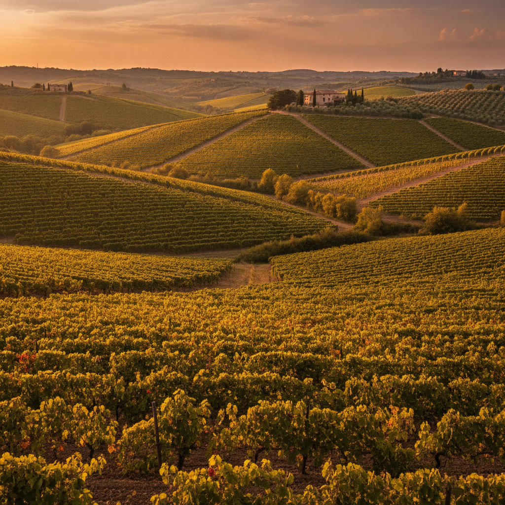 Expansive view of well-tended Pecorino vineyards blanketing rolling hills in central Italy. Golden hour light