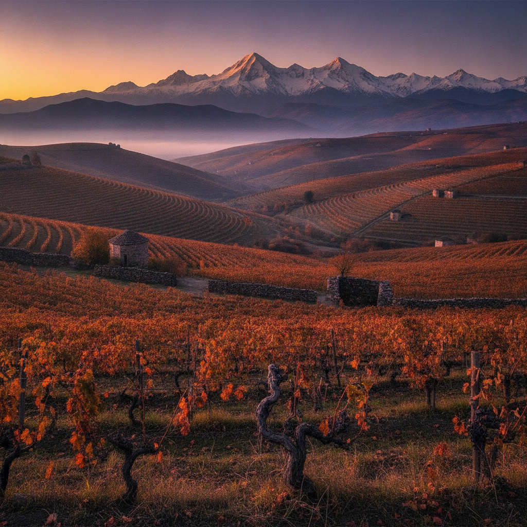Sweeping vineyard landscape in the mountainous Caucasus region