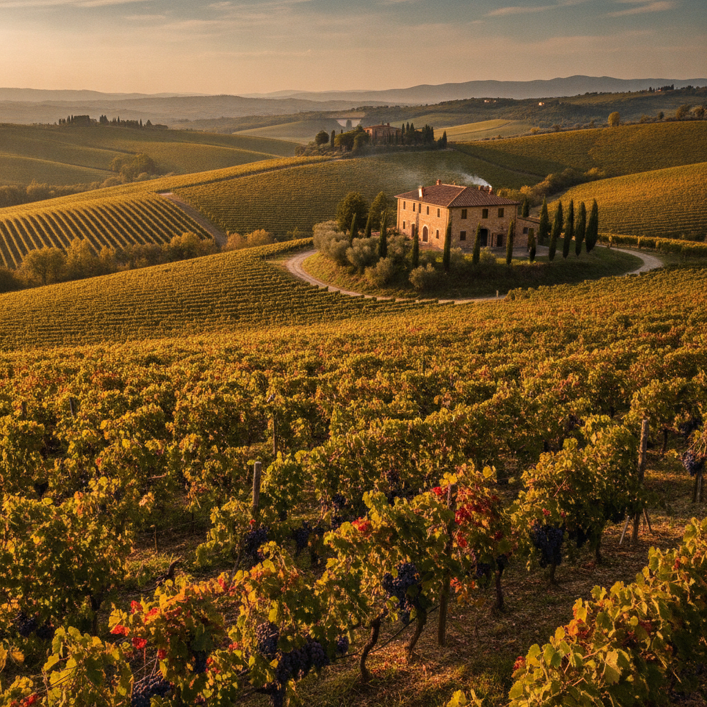 Panoramic view of sun-drenched rolling hills covered in neat rows of mature Sangiovese vineyards in central Italy. A traditional winery or farmhouse s