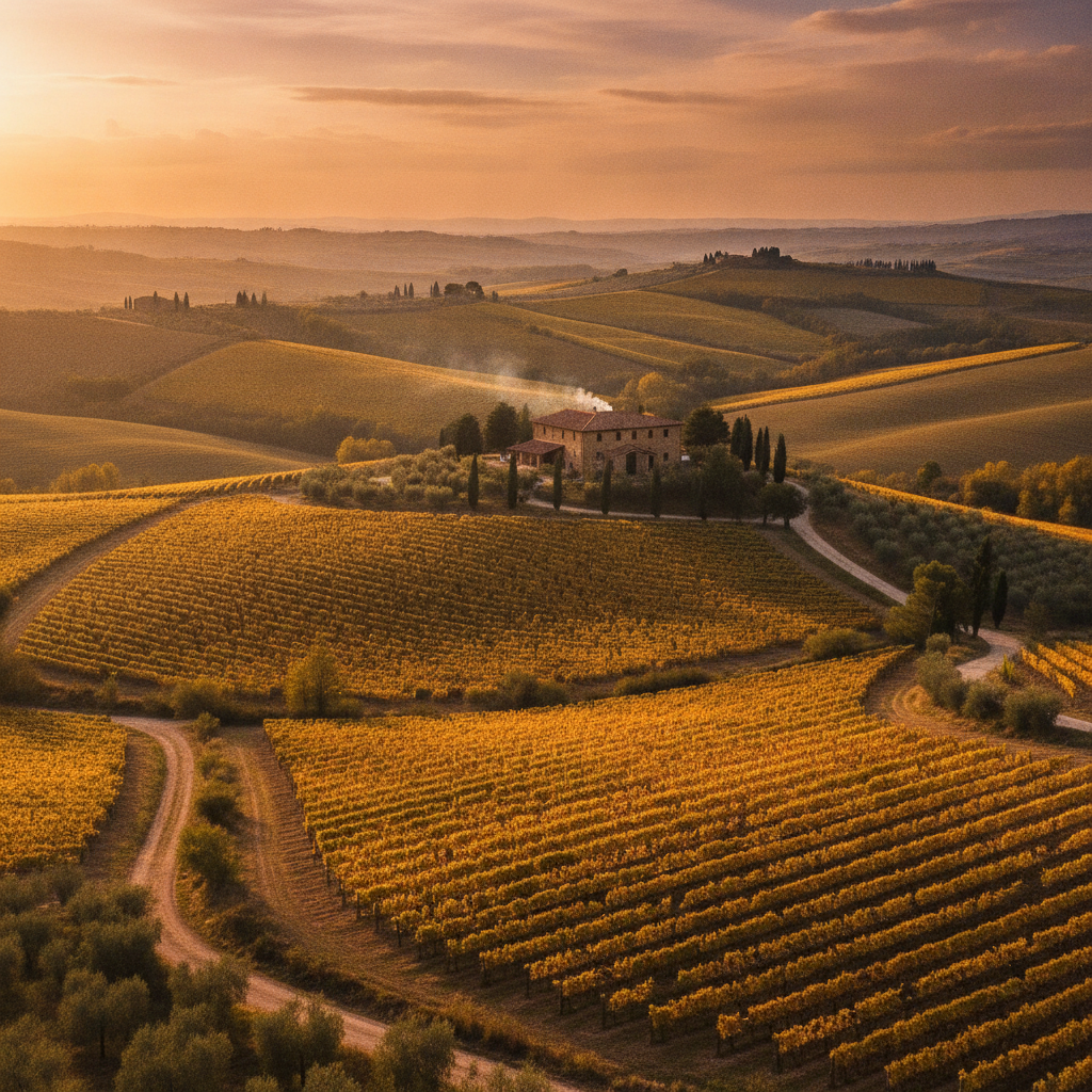 Rolling Italian vineyard hills bathed in golden hour sunlight