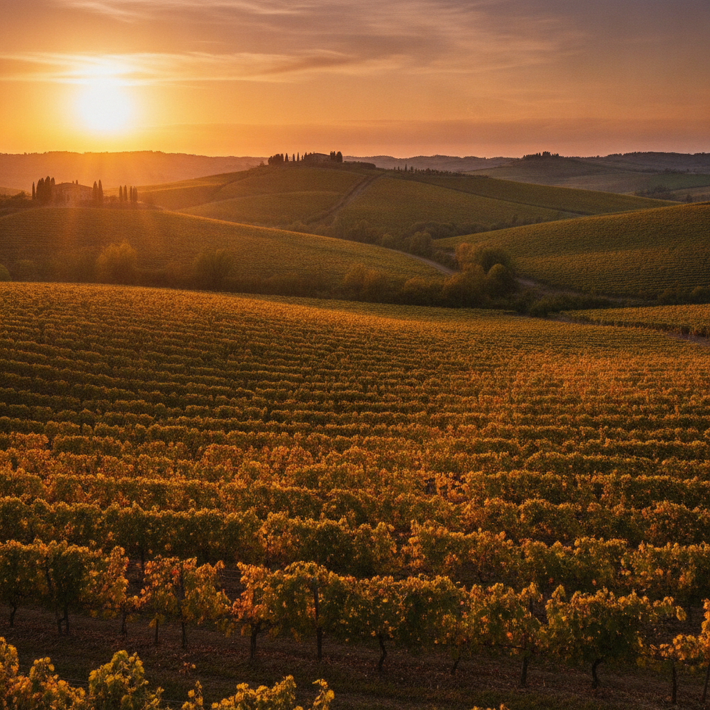 Scenic panorama of rolling Tuscan hills blanketed with mature Trebbiano Toscano vineyards under a warm golden sunset. No foreground people