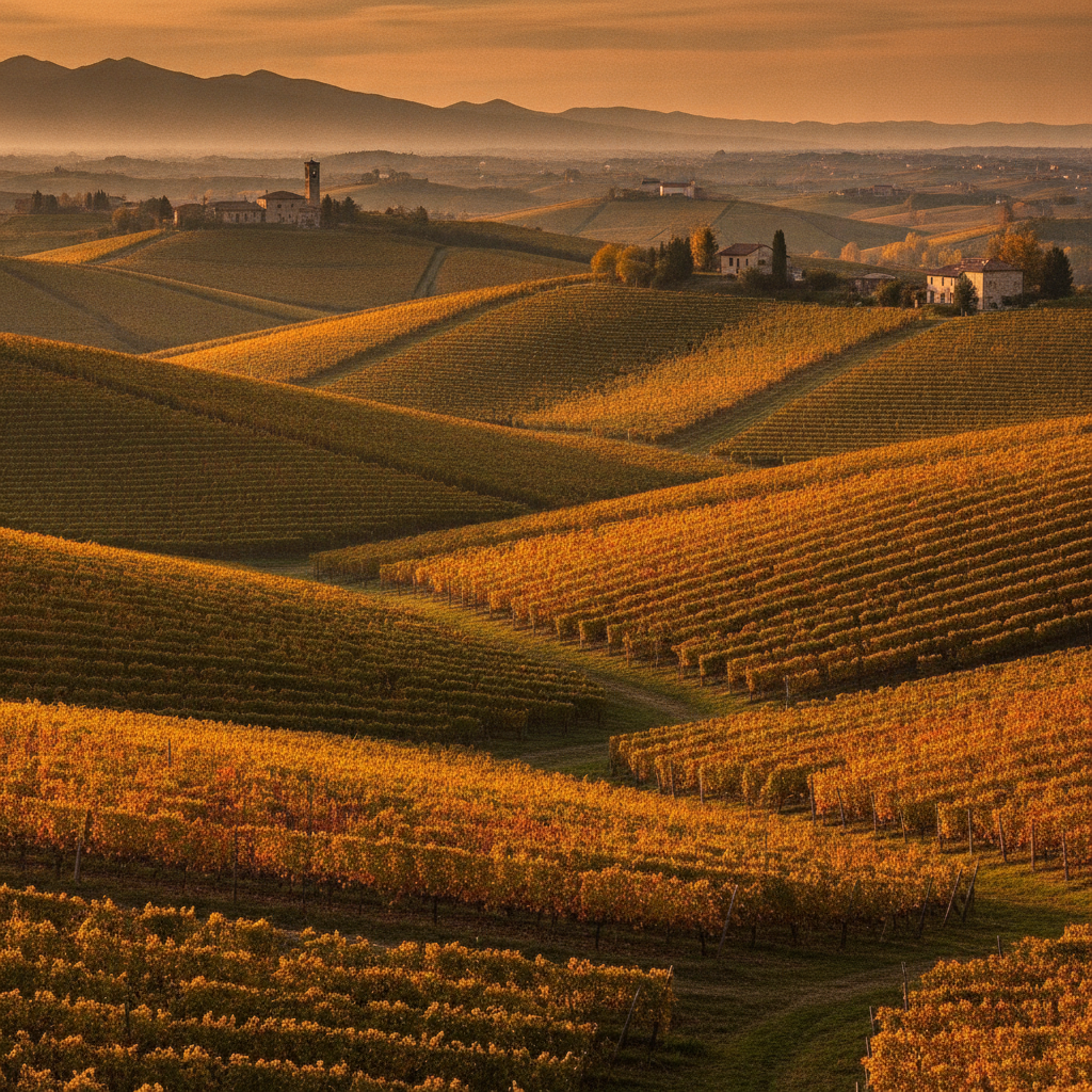 Golden hour over rolling vine-covered hills of Friuli-Venezia Giulia